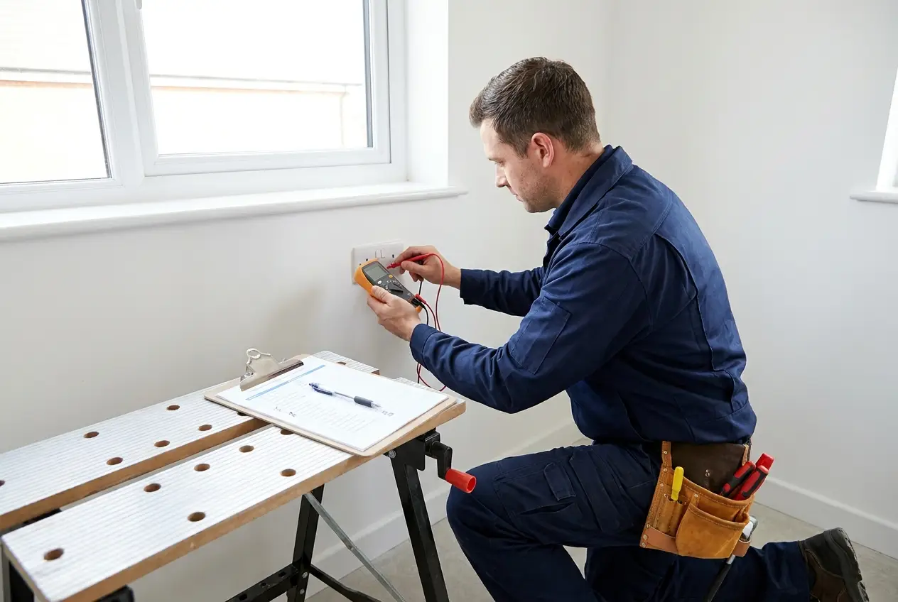 Elektriker prüft Steckdose mit Multimeter beim E-Check