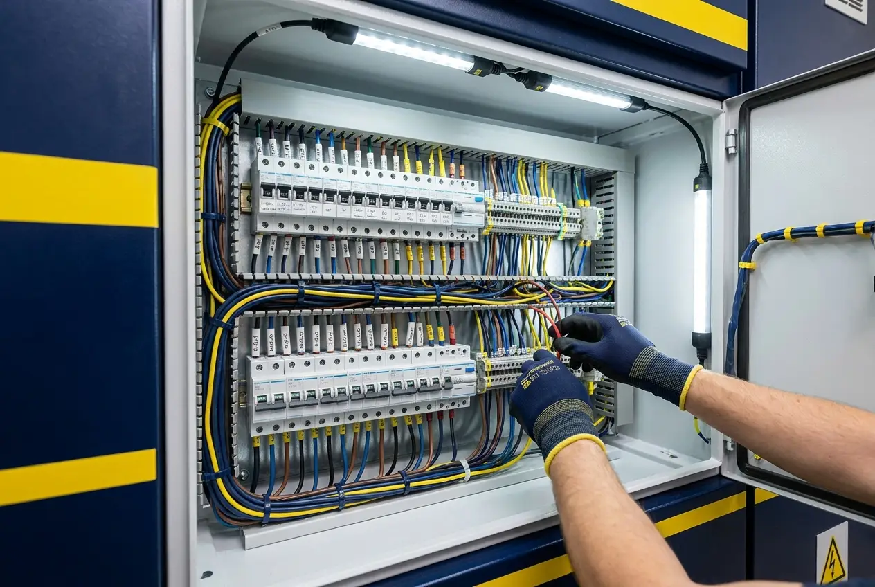 Sauber installierter Verteilerschrank mit beschrifteten Sicherungen