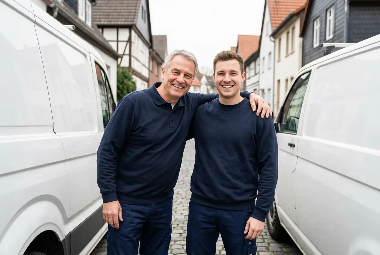 Vater und Sohn des Elektro-Meisterbetriebs Wagner vor dem Firmenfahrzeug