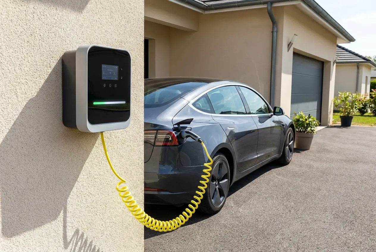 Wallbox an der Hauswand lädt ein Elektroauto